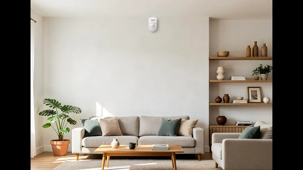 Détecteur de mouvement blanc installé en angle de salon moderne équipé système sécurité