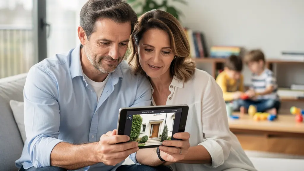 Couple français consultant interface sécurité connectée sur tablette dans salon lumineux